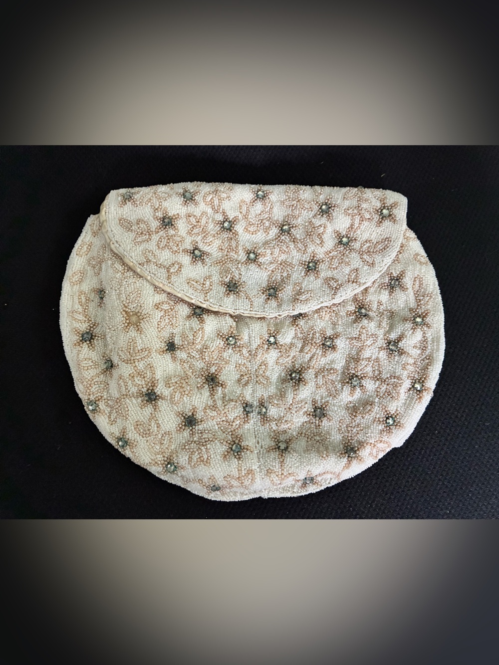 Mid-Century Bonwit Teller Beaded Clutch Bag Cream Silver Floral Bridal Evening